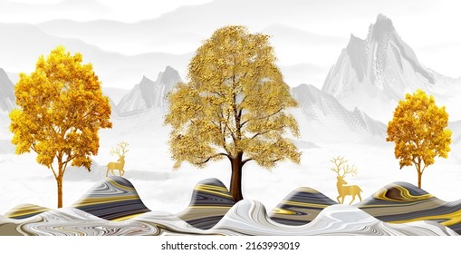 3d Chinese Landscape Wallpaper Art.
Golden Trees And Colorful Wavy Marble Mountains. Deer And Light Gray Background