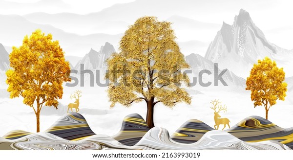 3d Chinese landscape wallpaper art. golden trees and colorful wavy marble mountains. deer and light gray background