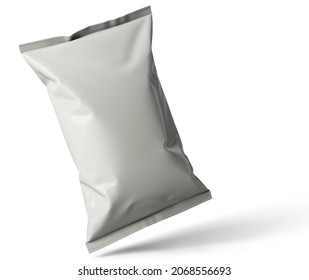 3d Chips Bag Mock Up Isolated On White Background. Chips Of Crackers Packaging Tilted With Shadow Render