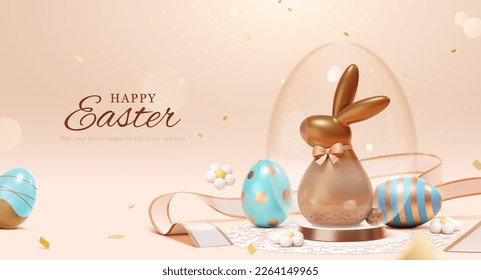 3D chocolate Easter bunny in transparent eggshell decoration on light pink background. Ribbon, painted eggs and daisies scattered around. - Powered by Shutterstock