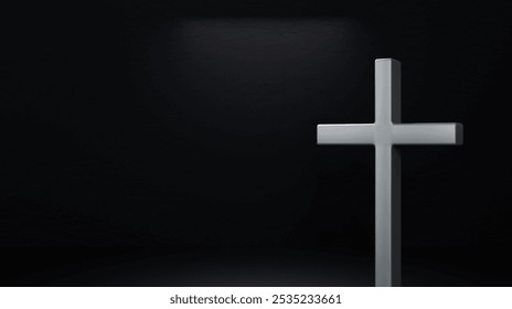 3D Christian Cross Symbol Illuminated Against a Black Night Scene Background, Representing Faith, Hope, and Spiritual Reflection in Darkness - Powered by Shutterstock