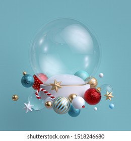 3d Christmas Background. Glass Ball Decorated With Festive Ornaments. Blank Mockup. Glass Balls, Crystal Stars, Candy Cane.