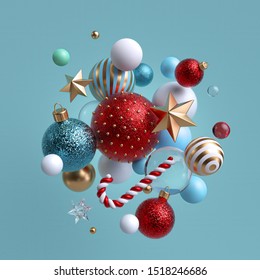 3d Christmas Background. Winter Holiday Ornaments Levitating. Red Blue White Glass Balls, Candy Cane, Golden Stars Isolated. Festive Clip Art. Arrangement Of Levitating Objects.