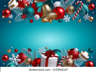 3d Christmas balls, ornaments, golden bell, gift box, isolated on blue background. Festive garland, border. Blank banner, greeting card template, commercial poster mockup. Winter holiday concept - Powered by Shutterstock