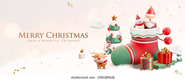 3d Christmas banner with snowman and Santa Claus in stocking with miniature Xmas festive and ornaments on a snowy white background - Powered by Shutterstock