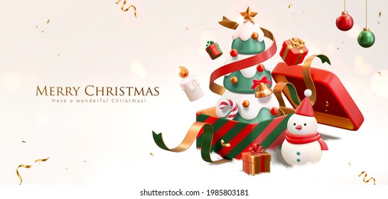 3d Christmas banner. A Christmas tree in gift box with Christmas ornament around the white background - Powered by Shutterstock