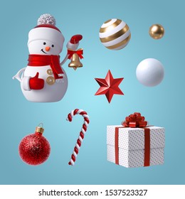 3d Christmas Clip Art. Set Of Design Elements, Isolated On Blue Background. Snowman Toy Holding Bell, Gift Box, Candy Cane, Crystal Star, Red And Gold Glass Balls Ornaments.