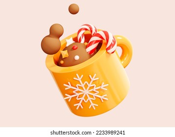 3D Christmas coffee cup with candy canes and sweet decorations. Xmas drink in mug. Hot chocolate or cacao. Happy New Year beverage. Cartoon creative design icon isolated on background. 3D Rendering - Powered by Shutterstock