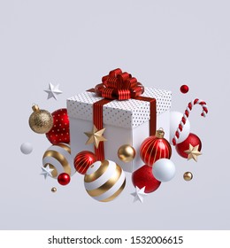 3d Christmas gift, white square box wrapped with red bow, glass balls, candy cane, golden stars. Levitating objects. Seasonal decor. Winter holiday clip art isolated on white background - Powered by Shutterstock