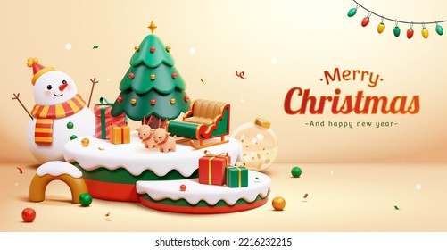 3d Christmas and new year banner. Snow covered podium decorated with reindeer sleigh, Christmas tree and gifts. Snowman and transparent bauble in the back on beige background. - Powered by Shutterstock