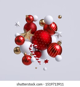 3d Christmas ornaments, red and gold balls, stars and candy cane. Seasonal festive clip art, isolated on white background. Abstract holiday concept. - Powered by Shutterstock