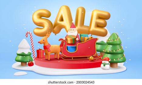 3d Christmas sale banner with Santa Claus sitting on a reindeer sleigh ride and holding gift box. Cute Xmas podium decorated with snow and Christmas trees. - Powered by Shutterstock