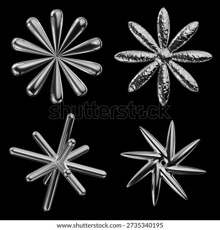 3D chrome flower shapes 3D Rendering. Y2K Liquid metal star, sparkle, flower silver 3D elements. Retro futuristic style forms
