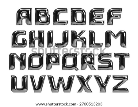 3d chrome font with rounded corners. Silver bold bubble typeface. Liquid metal letters. Y2K style alphabet. Font with glossy effect. Metallic, fluid font with surface with reflections