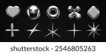 3D chrome glossy shapes set in y2k retro futuristic style isolated on a black background. Trendy collection of abstract shapes figures with a shiny metallic effect. 2000s aesthetic. 3d Illustration