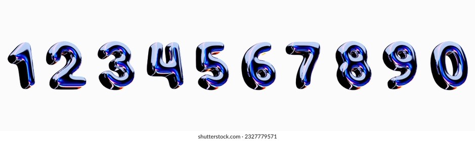 3D Chrome holographic effects numbers from 0 to 9. Set volume number with liquid color metal. Metallic y2k font. Dark gradient texture. Bubble iron alphabet on white. Realistic design. 3D Rendering