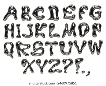 3d chrome liquid font. Silver bubble typeface. Liquid metal letters. Y2K style alphabet. Font with dripping glossy effect. Letters with molten metal effect. Metallic, fluid surface with reflections
