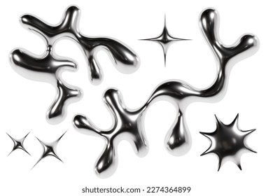3d chrome metal organic fluid shapes and stars. Abstract liquid mercury metallic icon. 3d rendering aluminum gradient shape design element isolated on white background. Brutalist. 3D Illustration
