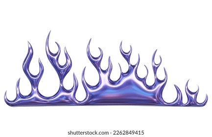 3d chrome metal of y2k fire icon. Flame shape in liquid mercury. 3d rendering illustration of abstract metallic melted modern burn form, design element isolated on white background. 3D Illustration