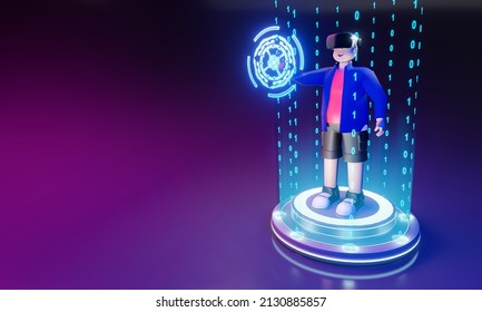 3d Chubby Male Character Wearing VR Glasses To Enter The Metaverse Or Digital Virtual World. Virtual Future Technology In Cyberpunk Light Tones.