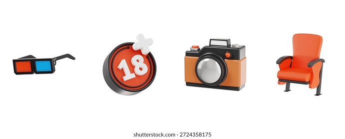 3D Cinema Experience and Photography Objects Icon Set