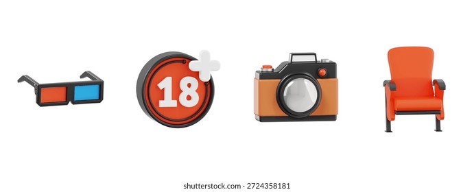 3D Cinema Experience and Photography Objects Icon Set
