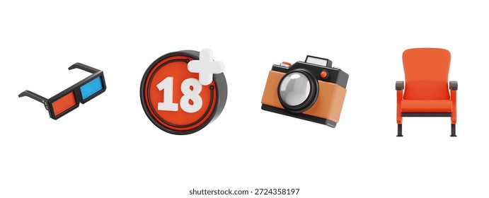3D Cinema Experience and Photography Objects Icon Set