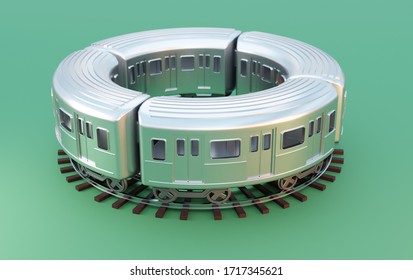 3d Circular Subway Train Travelling On Round Railway Tracks, 3d Illustration