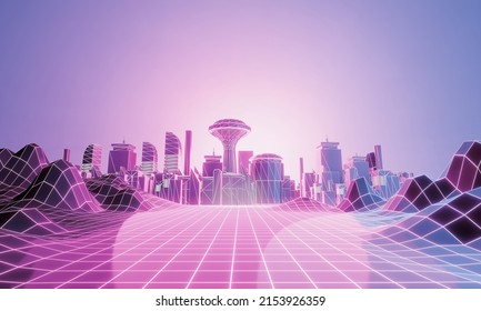 3D City Of Cyberspace Metaverse Digital Landscape Of Futuristic Background Concept. 3d Illustration Rendering