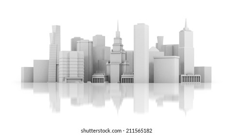 3d City Isolated On Mirror Floor