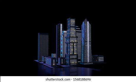 3D City Model, Skyscrapers In The Nighttime, Data Visualisation Concept. 