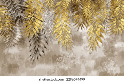 3d classic wallpaper  golden branches tree leaves in drawing mural background for bedroom decor