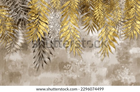 3d classic wallpaper. golden branches tree leaves in drawing mural background for bedroom decor ストックフォト © 
