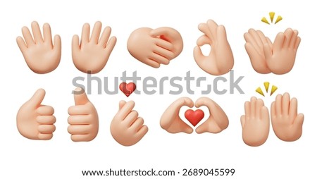 3D Clay Hand Gestures Set with Love, OK, Thumbs Up, Heart, and Clapping Poses Isolated on White Background