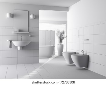 3d Clay Render Of A Modern Bathroom Interior Design