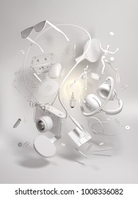 3d clay rendering group objects flying around light bulb  Creativity concept  thinking   get bright idea   Monochrome elements white background  