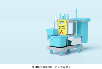 3d cleaning cart with broom, dustpan, mop, plastic bucket, rubber gloves, spray bottle, caution slippery sign isolated on blue background. cleaning tool equipment, 3d illustration render - Powered by Shutterstock