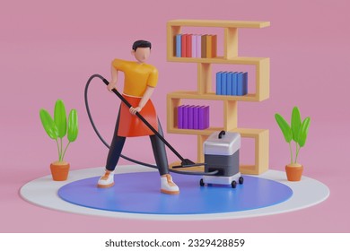 3D Cleaning service man with vacuum cleaner. Man Cleaning Blue Carpet With Vacuum Cleaner At Home. Housekeeping staff. 3d illustration - Powered by Shutterstock