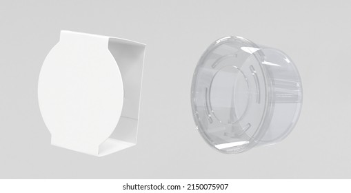 3D Clear round plastic food container with closed lid and white cardboard label, angle view. Realistic mockup of empty transparent box takeaway and paper wrap for packaging design, isolated 3D render