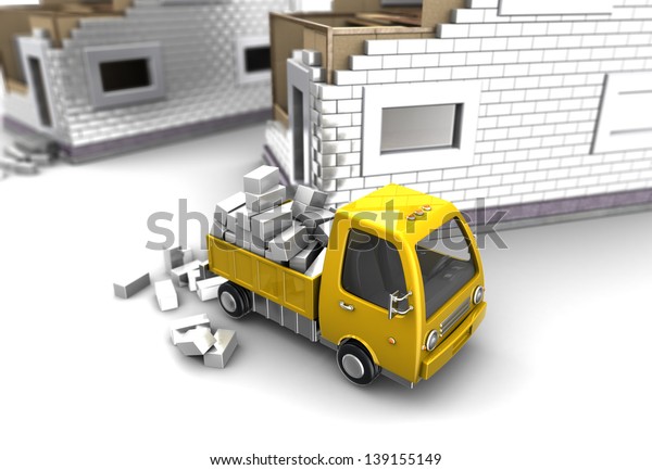 3d clipart of truck and bricks on backgrounds\
the construction\
buildings