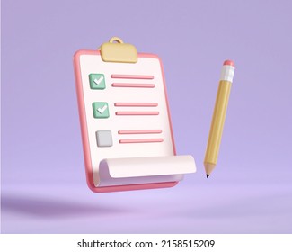 3D clipboard checklist and pencil isolated on purple background. note paper management check. Business time document marking task. working plan to success. 3d render illustration minimal style.  - Powered by Shutterstock