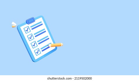 3D Clipboard with completed task list. Project plan document. Checklist with successfully completed business tasks. Isolated icon on blue background with empty copy space for promotion. 3D Rendering