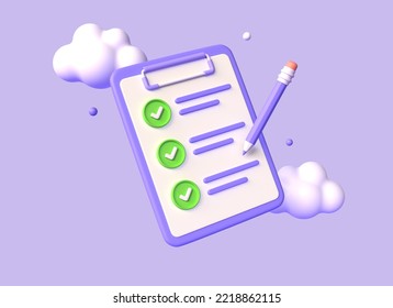 3D clipboard with completed task list, pencil and green checkmark. Checklist with successfully completed business tasks. Project plan document. illustration isolated on purple background. 3d rendering - Powered by Shutterstock - Get 15% off with code: PIKWIZARD15