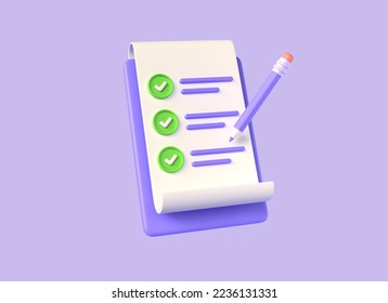 3D clipboard with completed task list, pencil and green checkmark. Checklist with successfully completed business tasks. Project plan document. illustration isolated on purple background. 3d rendering