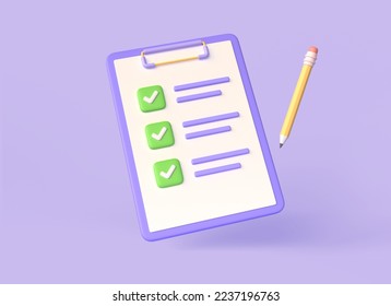 3D clipboard with completed task list, pencil and green checkmark. Checklist with successfully completed business tasks. Project plan document. illustration isolated on purple background. 3d rendering