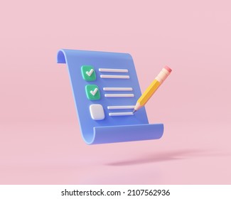 3D clipboard   pencil pink background  notepad icon  3d render illustration 