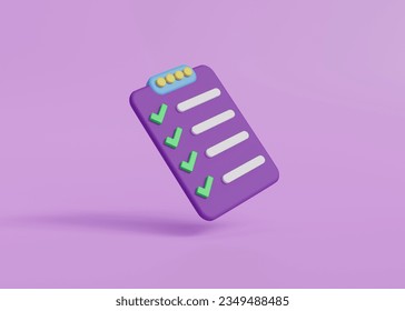 3d clipboard task management todo check list fast work on project plan, fast progress, level up concept, 3d note checklist icon. 3d render purple background