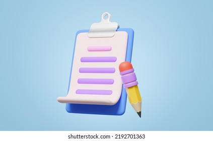 3D Clipboard, White Sheet And Pencil Floating On Blue Background. Copywriting, Notepad, Writing On Document, Note Taking, Project Plan Concept. Cartoon Icon Minimal Style. 3d Render With Clipping Path