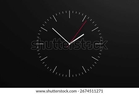 3D clock on black wall, minimalistic design background, time concept. Clock features black hour and minute hands, with striking red second hand indicating the precise time.
