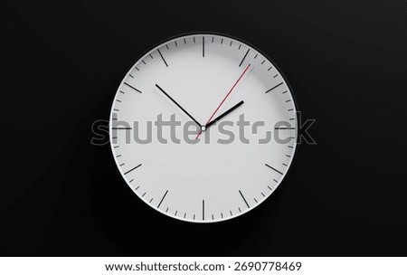3D clock on black wall, minimalistic design background, time concept. Clock features black hour and minute hands, with striking red second hand indicating the precise time.
